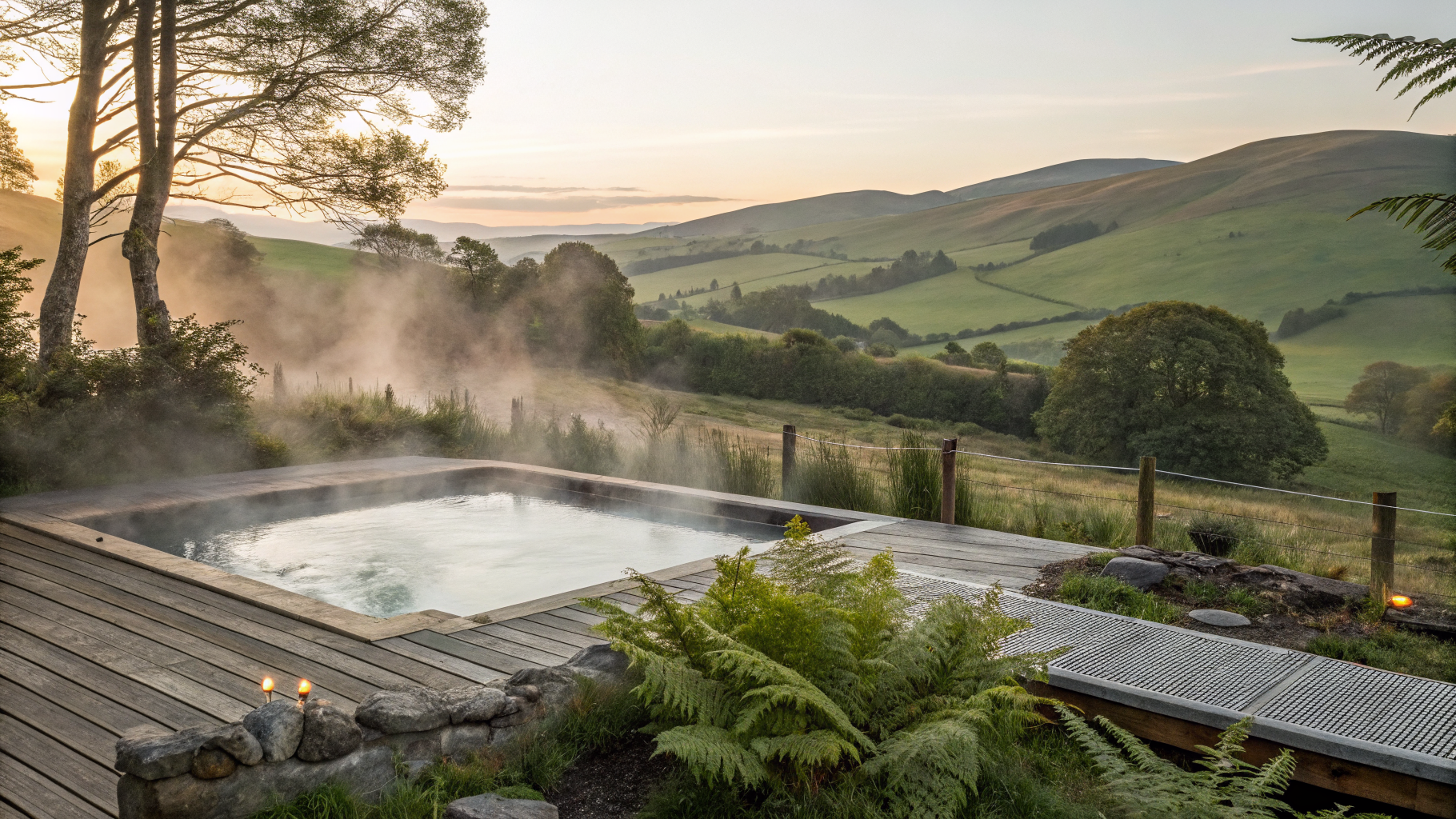 A misty UK spa retreat with a steaming outdoor thermal pool at golden hour