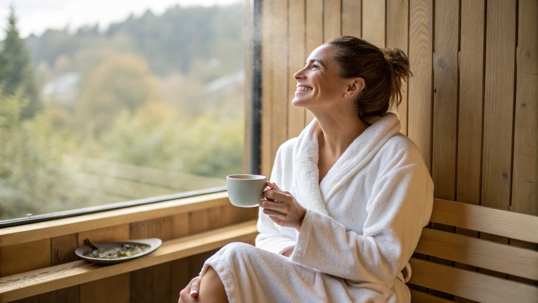 Our editor relaxing with herbal tea at a UK spa retreat